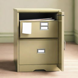 A sturdy filing cabinet with one door unhinged, slightly ajar, revealing stacks of files within