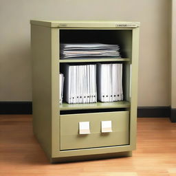 A sturdy filing cabinet with one door unhinged, slightly ajar, revealing stacks of files within