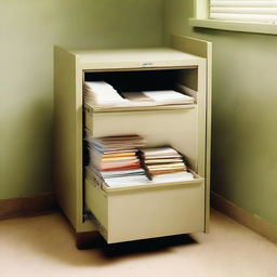 A sturdy filing cabinet with one door unhinged, slightly ajar, revealing stacks of files within