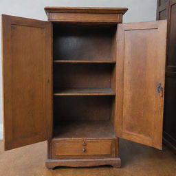 A wooden cabinet with one door broken and hanging off its hinges, revealing the interior compartments