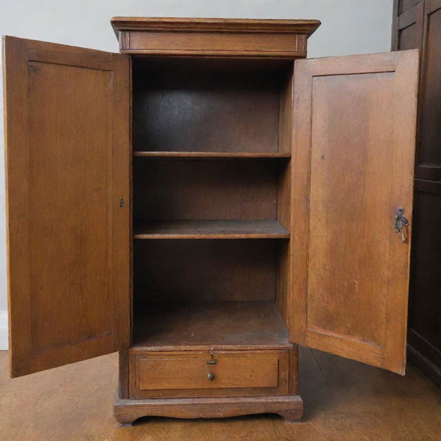 A wooden cabinet with one door broken and hanging off its hinges, revealing the interior compartments