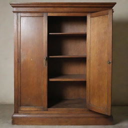 A wooden cabinet with one door broken and hanging off its hinges, revealing the interior compartments