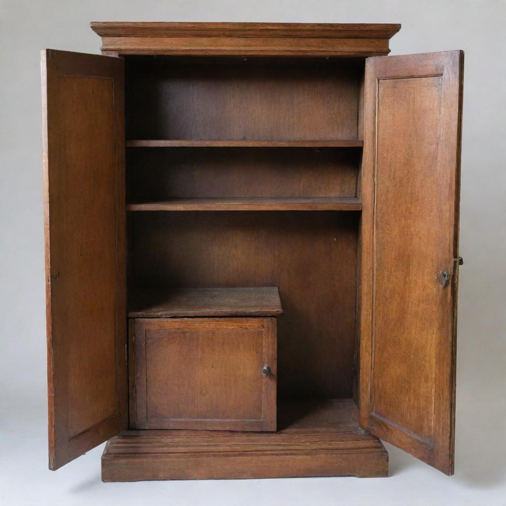 A wooden cabinet with one door broken and hanging off its hinges, revealing the interior compartments