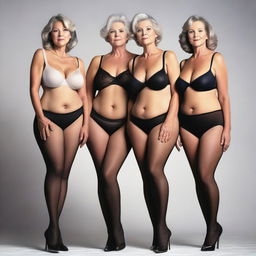 This ultra-realistic, high-quality digital art image depicts three women in their 50s, each wearing sheer black pantyhose, sexy bras, sheer clothing, and high heels