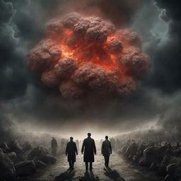 Illustrate a dramatic, ominous scene of colossal cells menacingly advancing towards humans, signifying the end of the world. Include fearful human figures and imposing, oversized cells.