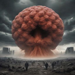 Illustrate a dramatic, ominous scene of colossal cells menacingly advancing towards humans, signifying the end of the world. Include fearful human figures and imposing, oversized cells.