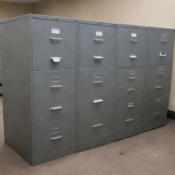 A cluster of metal filing cabinets in various stages of damage, with dents, scratches, and open drawers