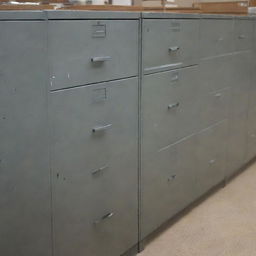 A cluster of metal filing cabinets in various stages of damage, with dents, scratches, and open drawers