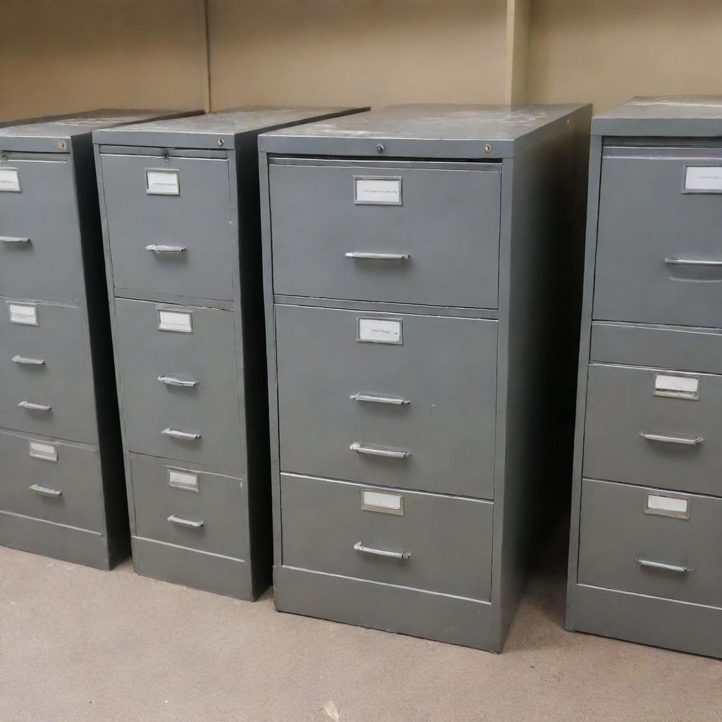 A cluster of metal filing cabinets in various stages of damage, with dents, scratches, and open drawers