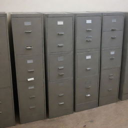 A cluster of metal filing cabinets in various stages of damage, with dents, scratches, and open drawers