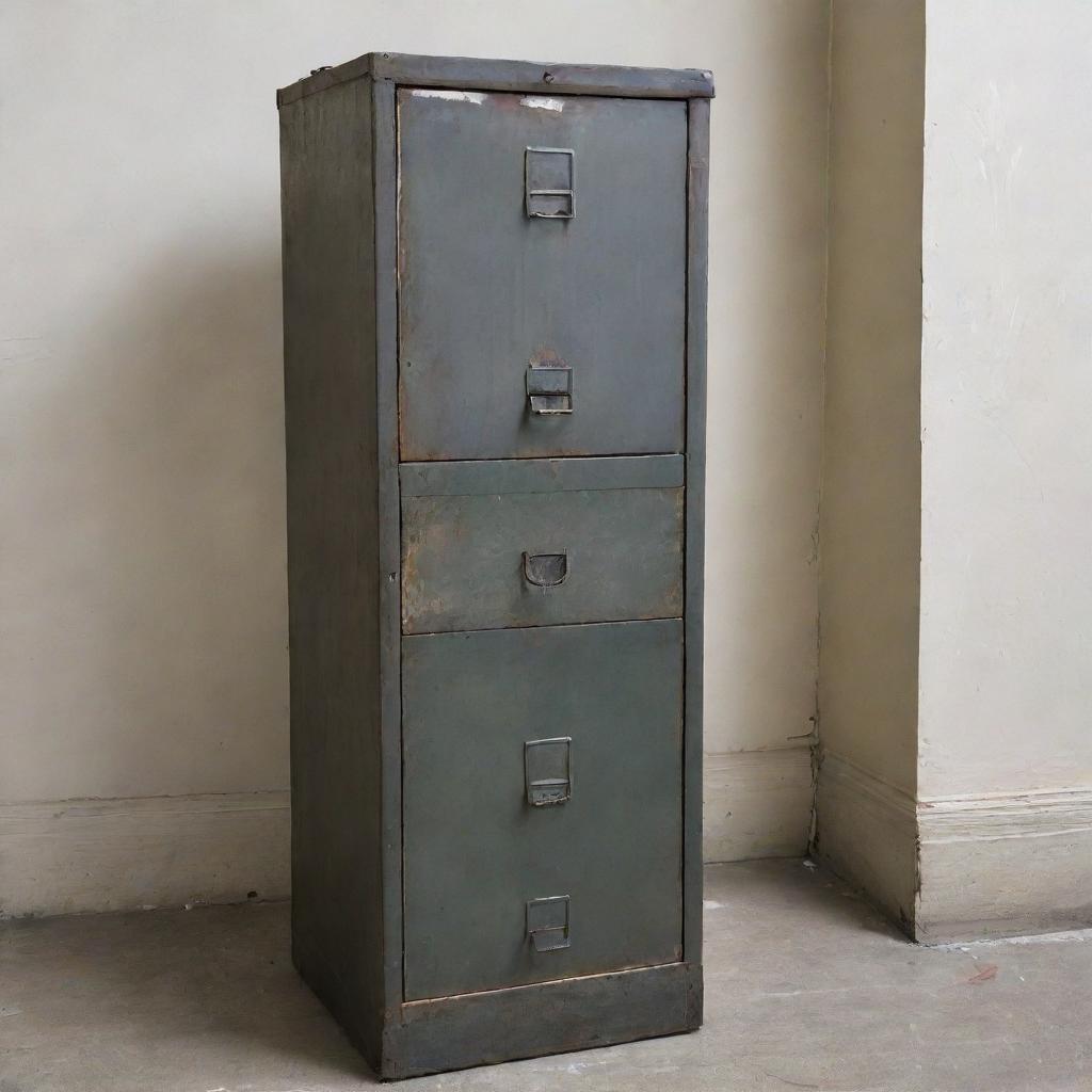 A tall metal filing cabinet looking weathered, with one door dislodged and hanging precariously