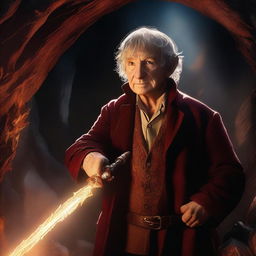 A 4K quality digital art depicting Bilbo Baggins in Smaug's lair, his sword glowing with a mystical light