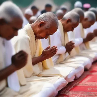 During the religious ceremony, the devotees showed their reverence by bowing their heads and folding their hands in prayer.