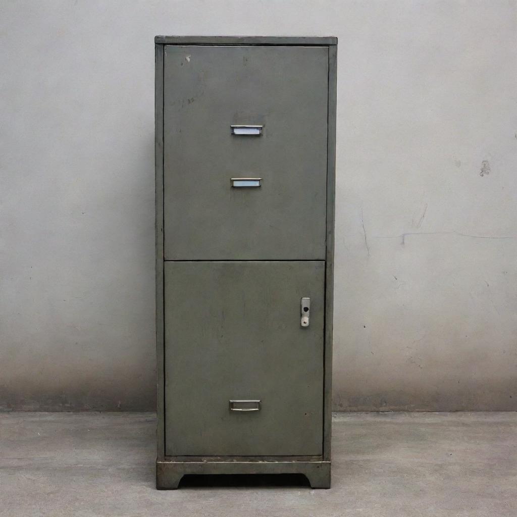 A tall metal filing cabinet looking weathered, with one door dislodged and hanging precariously