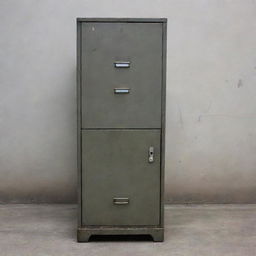 A tall metal filing cabinet looking weathered, with one door dislodged and hanging precariously