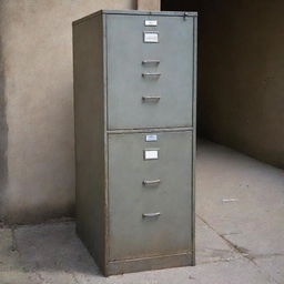 A tall metal filing cabinet looking weathered, with one door dislodged and hanging precariously