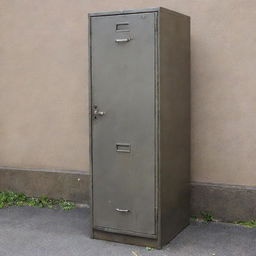 A tall metal filing cabinet looking weathered, with one door dislodged and hanging precariously