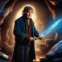A 4K quality digital art image capturing Bilbo Baggins in Smaug's lair