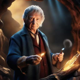 A 4K quality digital art image capturing Bilbo Baggins in Smaug's lair