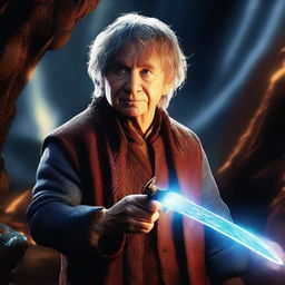 A 4K quality digital art image capturing Bilbo Baggins in Smaug's lair