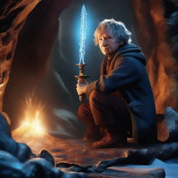 A 4K quality digital art image capturing Bilbo Baggins in Smaug's lair