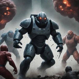 Humans equipped with protective suits and weapons, engaged in an epic battle against oversized, monstrous cells.