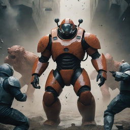 Humans equipped with protective suits and weapons, engaged in an epic battle against oversized, monstrous cells.