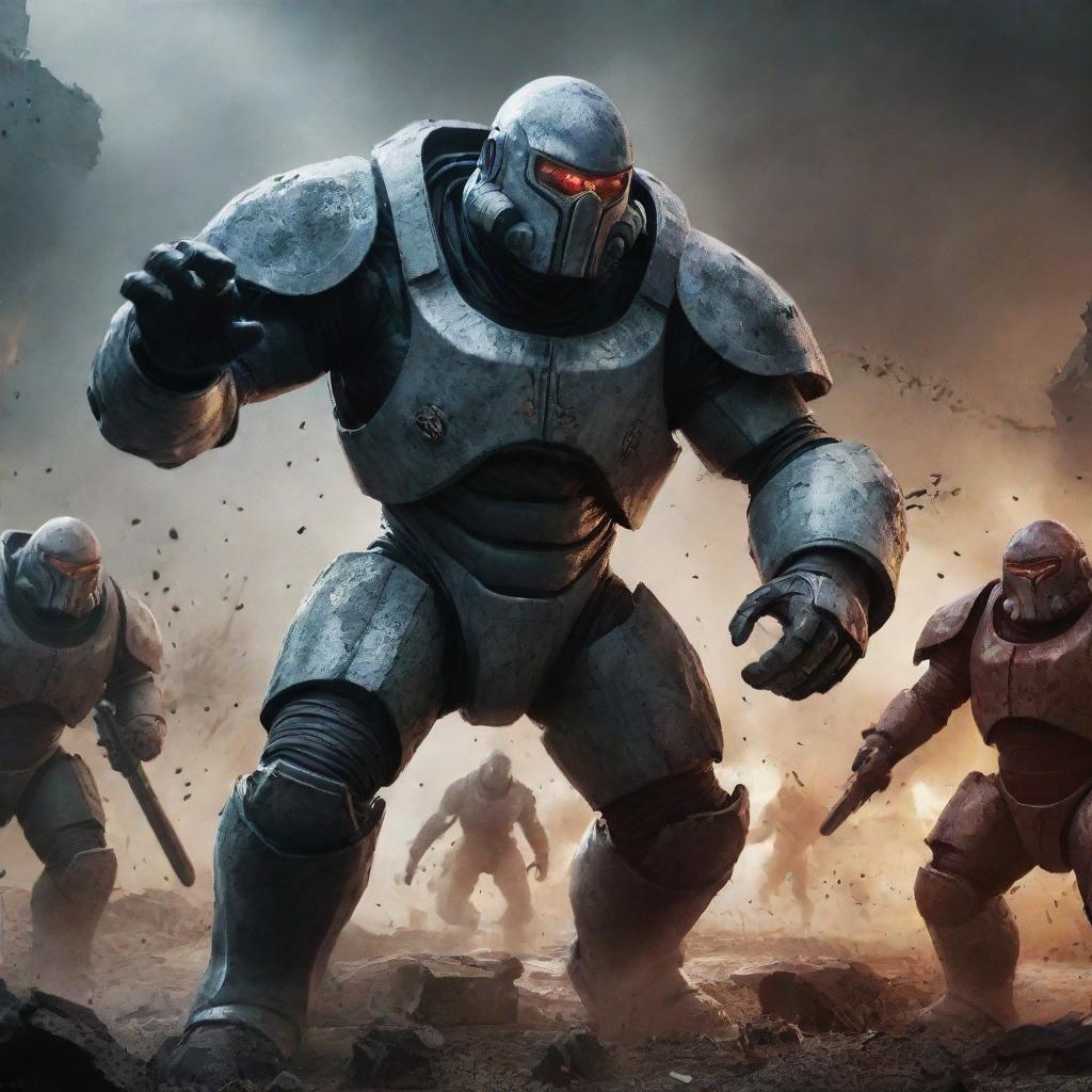 Humans equipped with protective suits and weapons, engaged in an epic battle against oversized, monstrous cells.