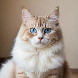 A playful and cute cat with clear fur and sparkling blue eyes, sitting comfortably and staring curiously into the distance.