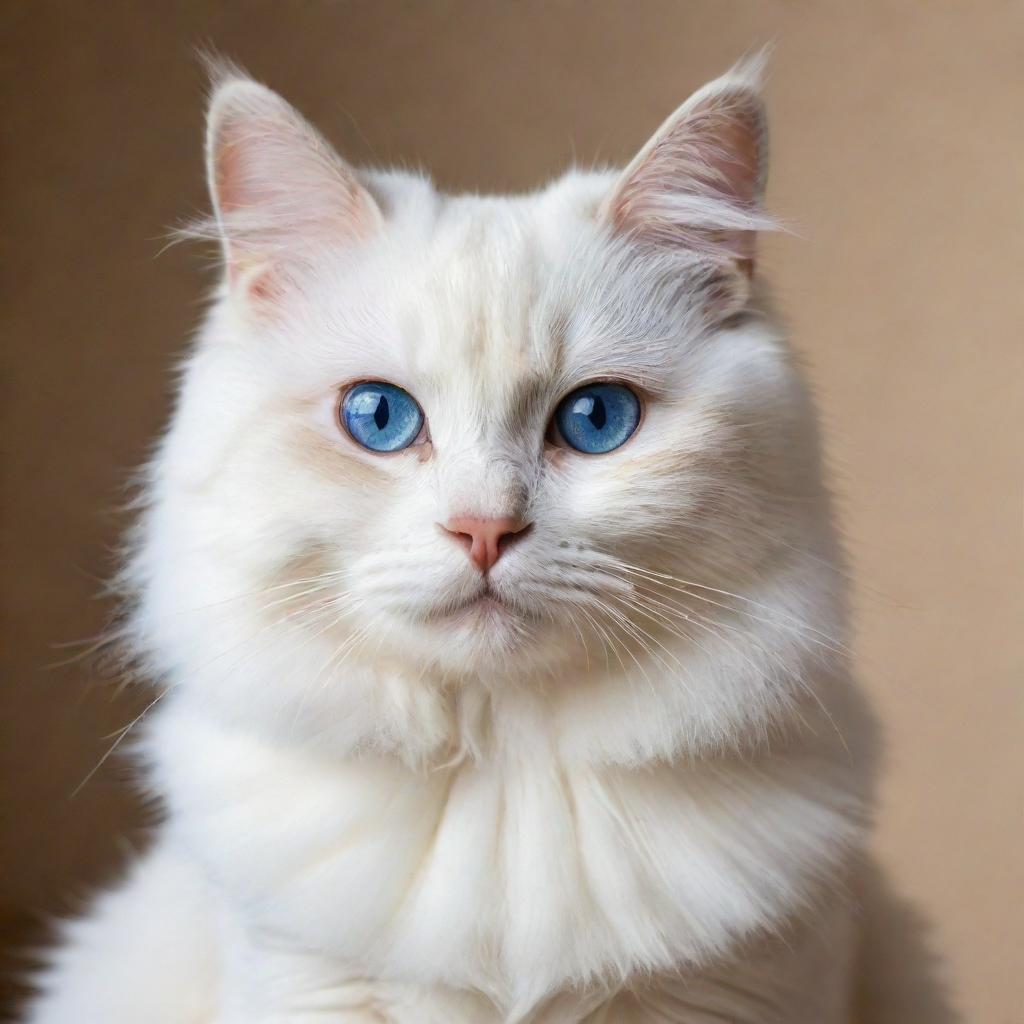 A playful and cute cat with clear fur and sparkling blue eyes, sitting comfortably and staring curiously into the distance.