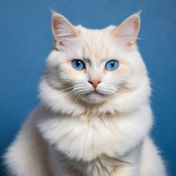 A playful and cute cat with clear fur and sparkling blue eyes, sitting comfortably and staring curiously into the distance.