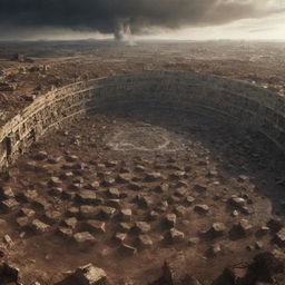 Giant, circular cells the size of multistory buildings, consuming the terra firma and creatures below, depicting an apocalyptic scenario.