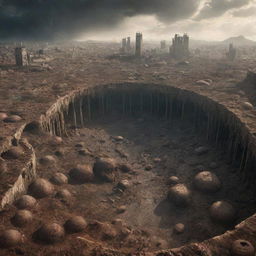 Giant, circular cells the size of multistory buildings, consuming the terra firma and creatures below, depicting an apocalyptic scenario.