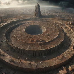 Giant, circular cells the size of multistory buildings, consuming the terra firma and creatures below, depicting an apocalyptic scenario.