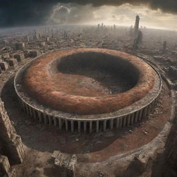 Giant, circular cells the size of multistory buildings, consuming the terra firma and creatures below, depicting an apocalyptic scenario.