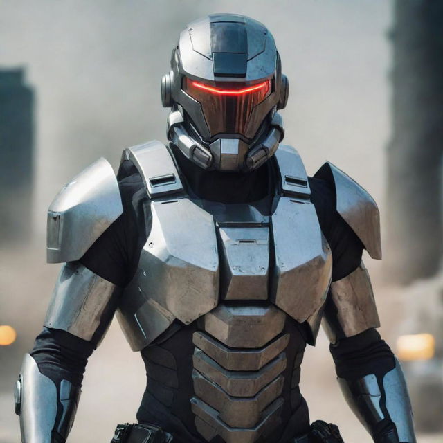 A futuristic super soldier in highly advanced, armored war gear loaded with high-tech weaponry.