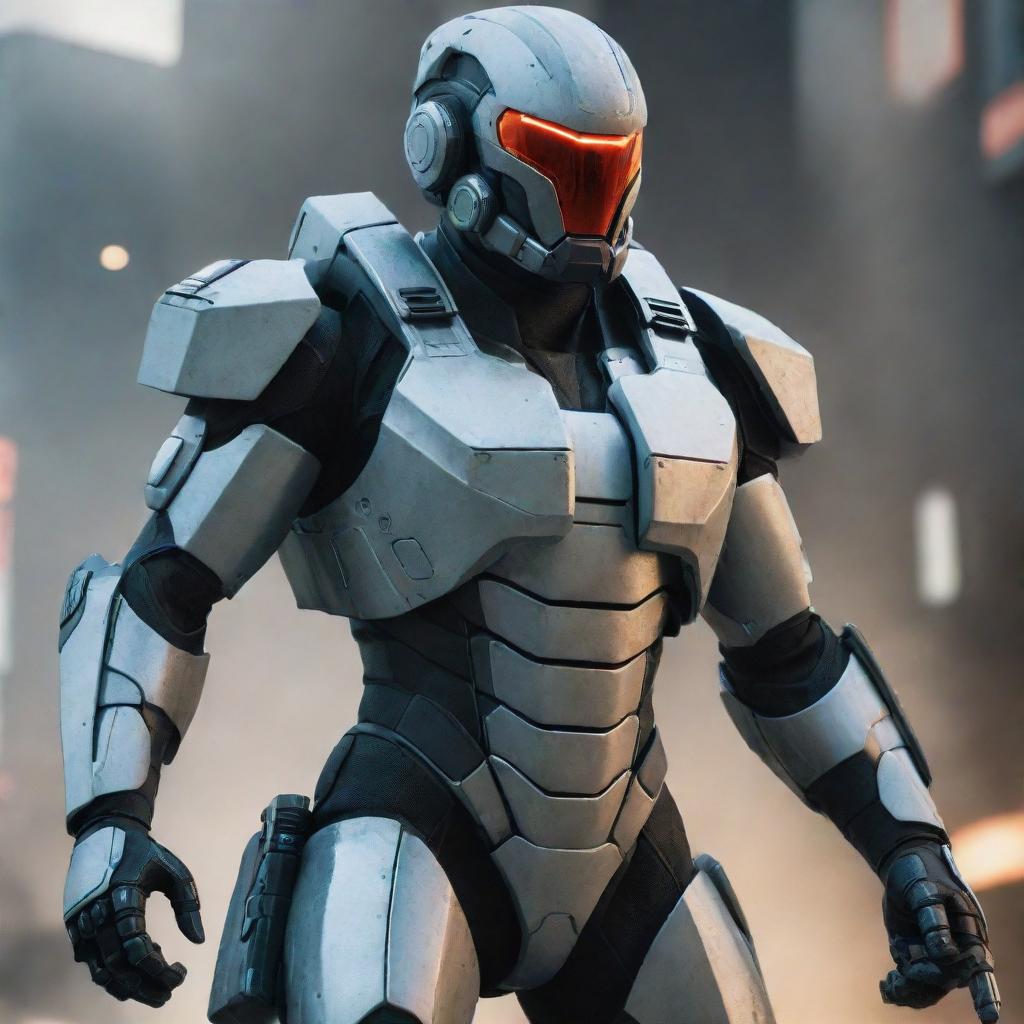 A futuristic super soldier in highly advanced, armored war gear loaded with high-tech weaponry.