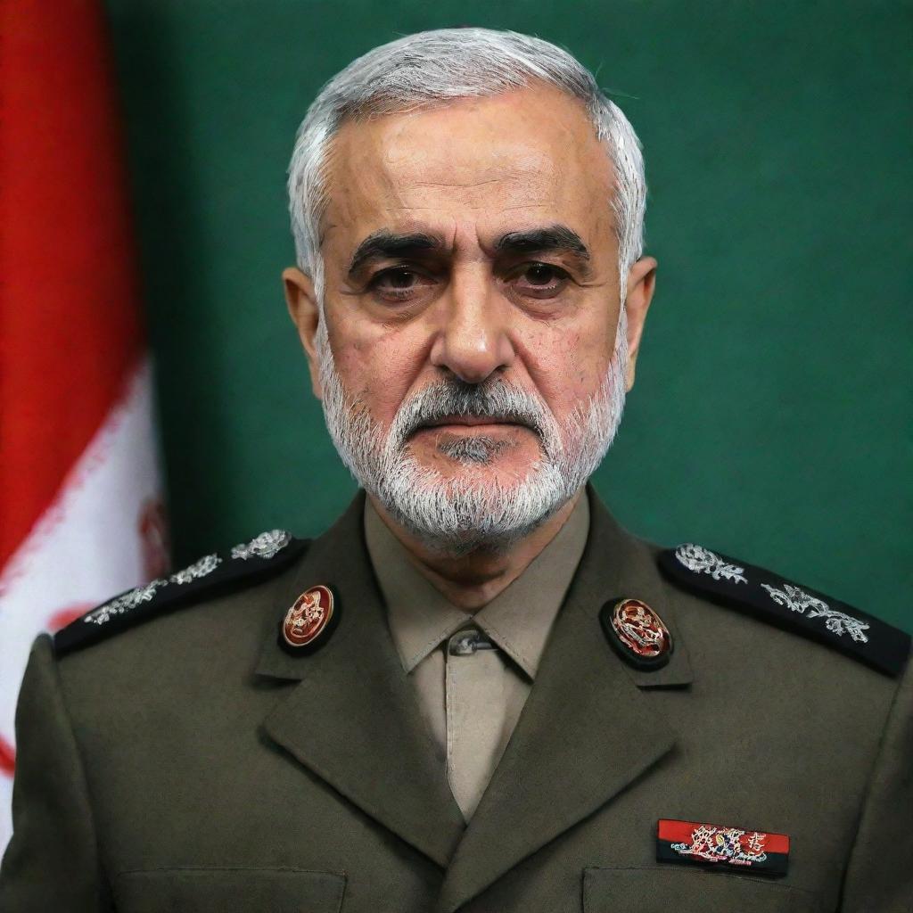 A respectful portrait of Major General Haj Qasem Soleimani in full military attire with the backdrop of an Iranian flag.