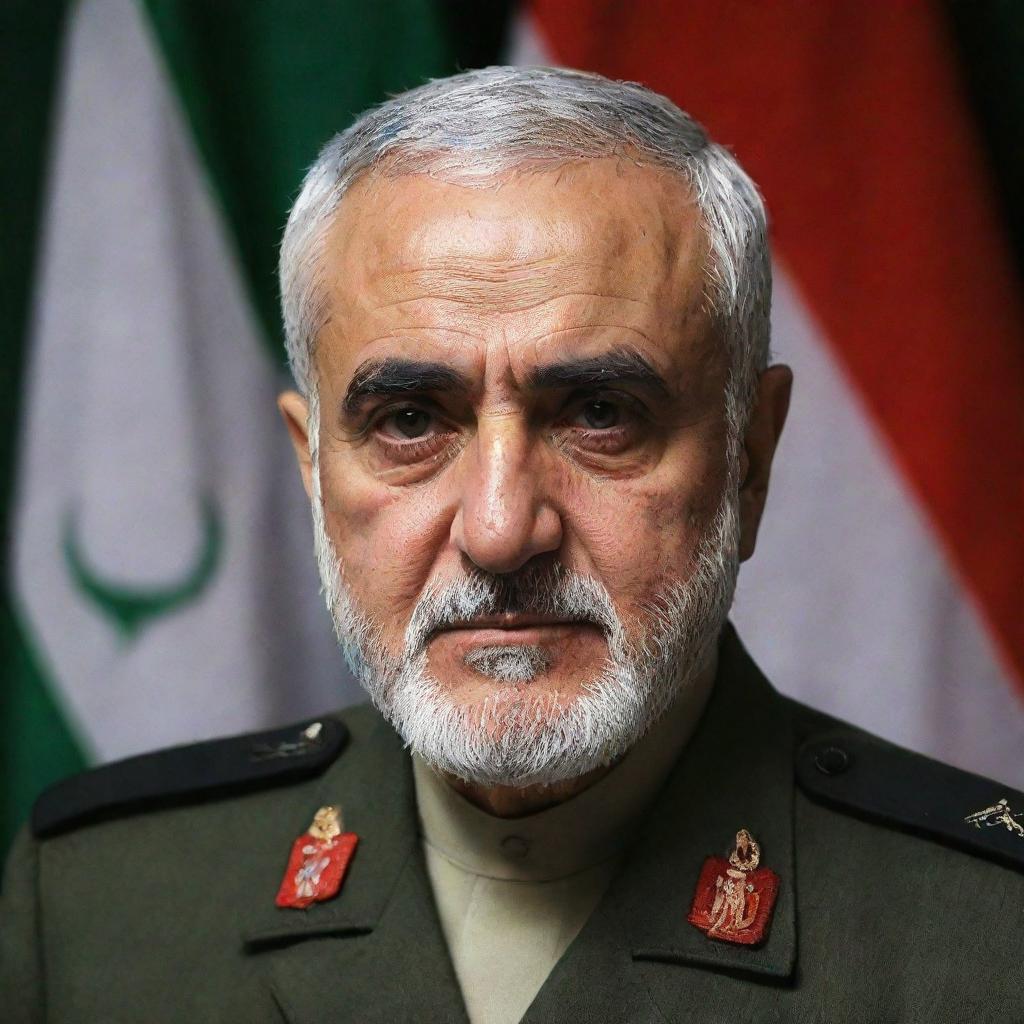 A respectful portrait of Major General Haj Qasem Soleimani in full military attire with the backdrop of an Iranian flag.