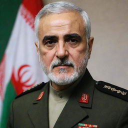 A respectful portrait of Major General Haj Qasem Soleimani in full military attire with the backdrop of an Iranian flag.