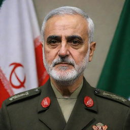 A respectful portrait of Major General Haj Qasem Soleimani in full military attire with the backdrop of an Iranian flag.