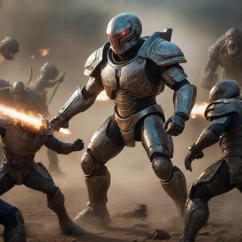 Brave warriors clad in battle armor, locked in an intense combat scene against menacing alien creatures.