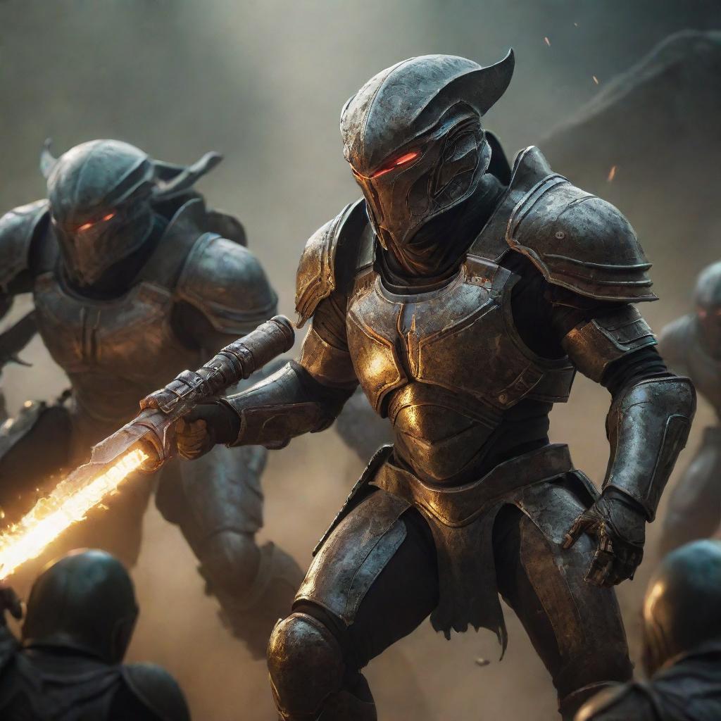 Brave warriors clad in battle armor, locked in an intense combat scene against menacing alien creatures.