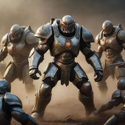 Brave warriors clad in battle armor, locked in an intense combat scene against menacing alien creatures.