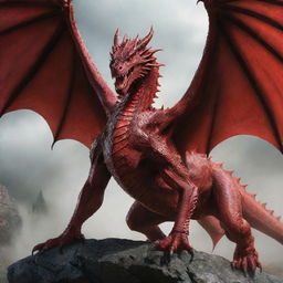 A majestic, crimson-red dragon engaged in a fierce battle against a terrifyingly evil dragon.