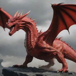 A majestic, crimson-red dragon engaged in a fierce battle against a terrifyingly evil dragon.