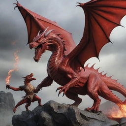 A majestic, crimson-red dragon engaged in a fierce battle against a terrifyingly evil dragon.