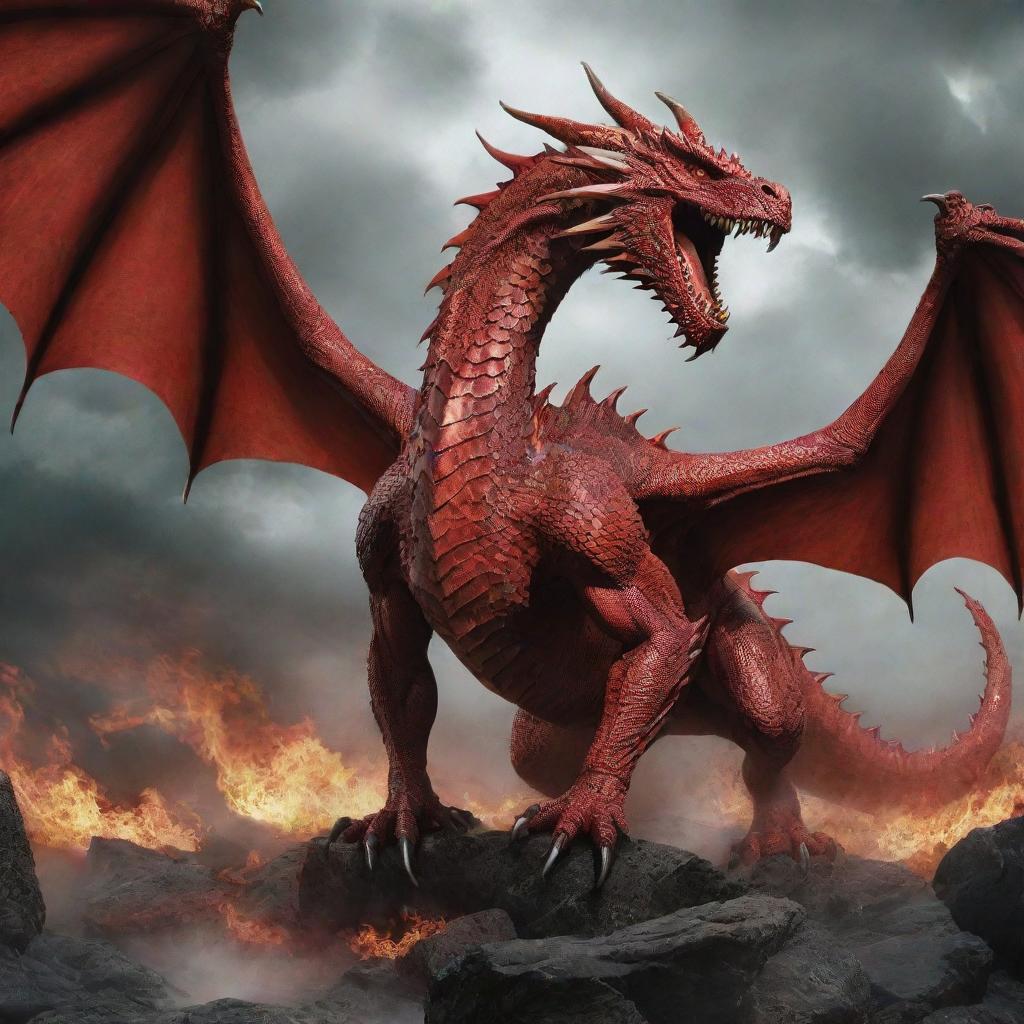 A majestic, crimson-red dragon engaged in a fierce battle against a terrifyingly evil dragon.