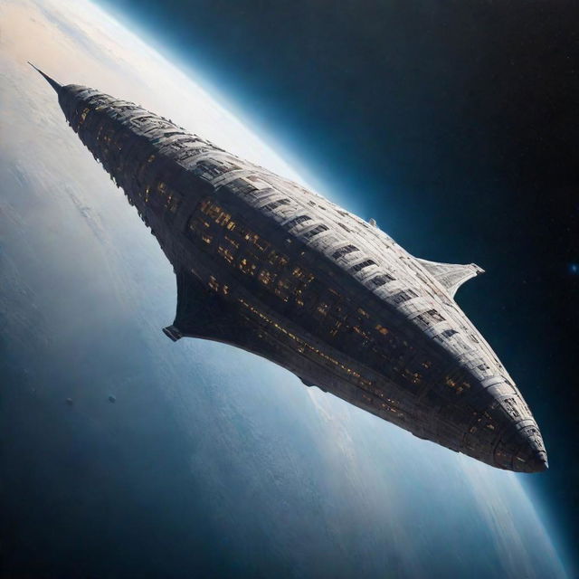 An awe-inspiring, super-sized spaceship soaring through the celestial expanse of outer space.