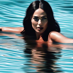 A dramatic digital art image of Megan Fox in a pool, seemingly struggling with the water